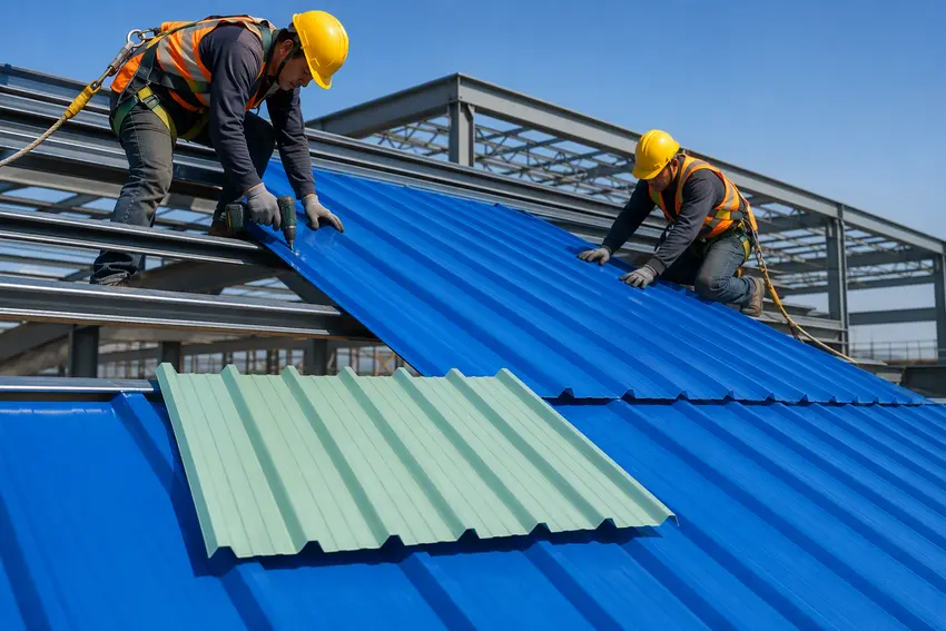 نصب ورق رنگی UPVC موجدار بر روی سقف سوله صنعتی با رعایت استانداردهای ایمنی و لپهگذاری صحیح نصب ورق رنگی UPVC موجدار بر روی سقف سوله صنعتی با رعایت استانداردهای ایمنی و لپهگذاری صحیح