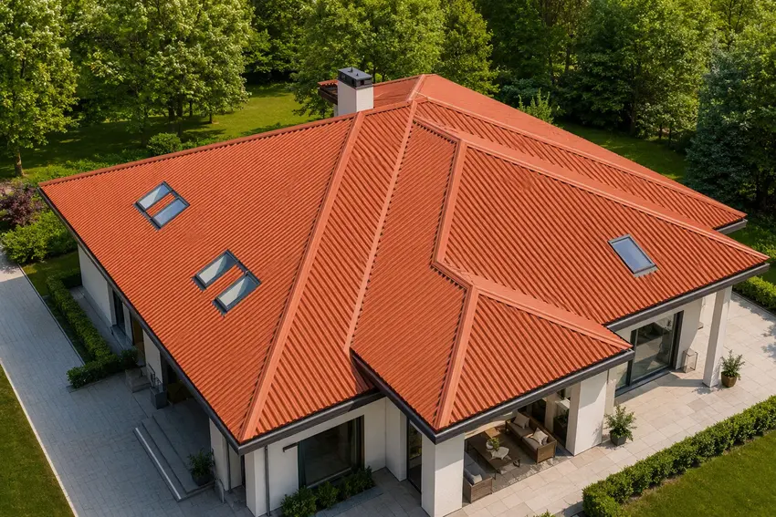 نمای بیرونی ویلای مدرن با سقف شیروانی چهار شیب UPVC و نورگیرهای یکپارچه