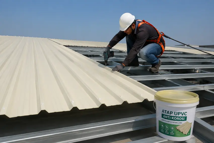 نصاب در حال پیچ‌کاری ورق UPVC روی پرلین فلزی سوله با پیچ‌گوشتی برقی و رعایت گشتاور مناسب