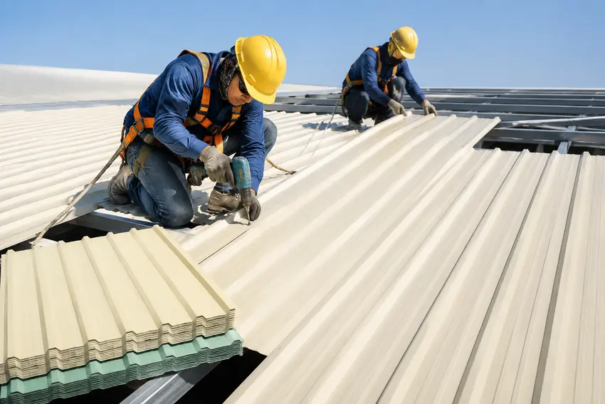 کارگر در حال نصب ورق سقفی UPVC روی پرلین‌های سوله با رعایت اورلپ طولی و استفاده از تجهیزات ایمنی